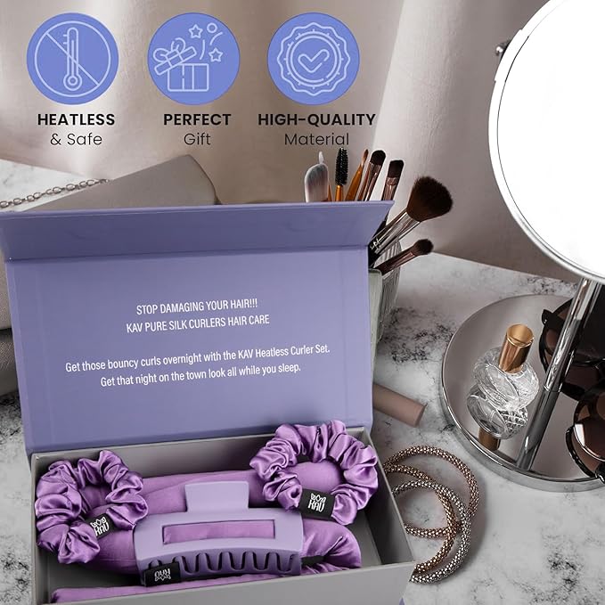 KAV 100% Mulberry Silk Heatless Curling Rod Headband Set with Clip & Scrunchies – Overnight Heatless Hair Curler for Women, No Heat Damage, Soft Hair Roller for Natural Curls & Waves