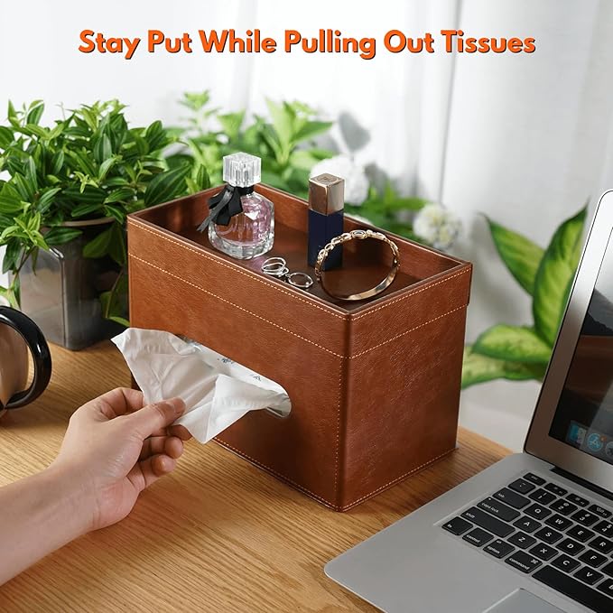 LAMOTI Rectangular Tissue Box Cover with Storage Tray, Leather Facial Tissue Box Holder for Bathroom, Office Table, Countertop, Night Stand & More (Brown)