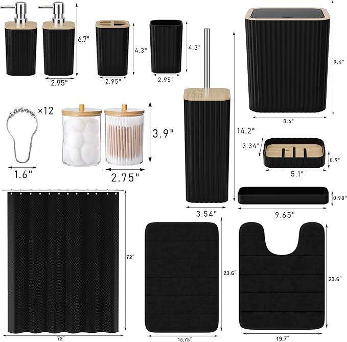 Bathroom Set - 25PC Black Bathroom Set with Shower Curtain and Rugs, Bathroom Accessories Set, Black Shower Curtain Set with Bathroom Trash Can