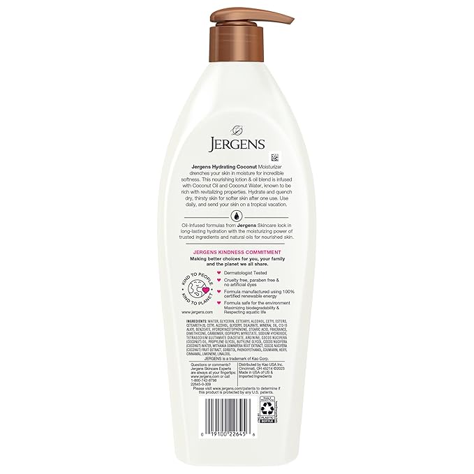 Jergens Hydrating Coconut Body Lotion, Hand and Body Moisturizer, Infused with Coconut Oil, Hydrates Dry Skin Instantly, Dermatologist Tested, 26.5 Oz