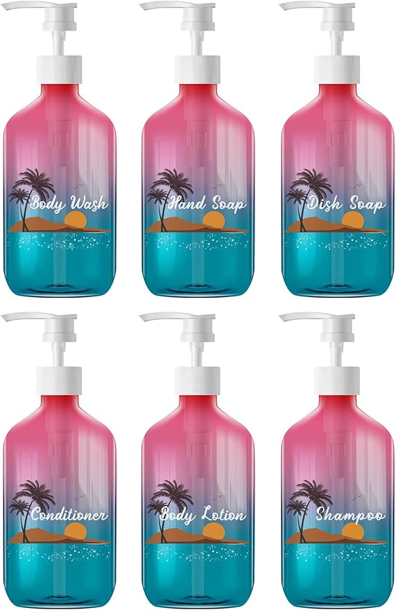 500ml Refillable Plastic Bottles with Pump Dispenser – 6 Pack Gradient Containers, BPA/Paraben-Free, Ideal for Travel Toiletries, Includes Labels
