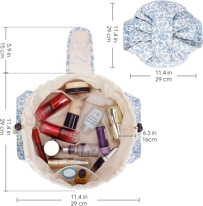 Narwey Lay Flat Open Drawstring Makeup Bag, Large Floral Cosmetic Bag for Women Girls, Cute Make up Bags with Handle, Travel Toiletry Bag for Skincare, Brushes & Travel Essentials (Blue Flower)