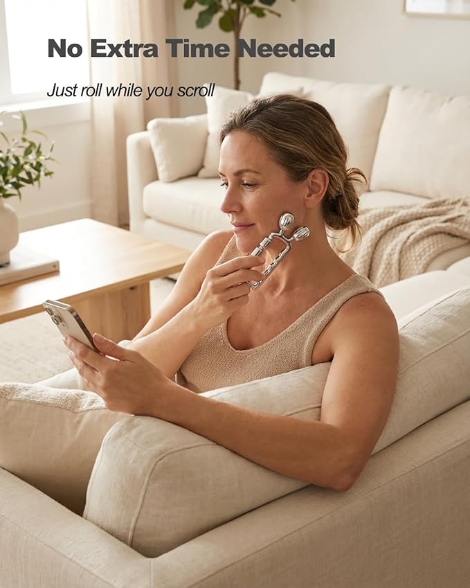 Yeamon Face Roller for Skin Care, 3-in-1 Facial Massager with Cooling Metal, Under Eye Roller for Puffiness, Jawline & Cheek Massage Tool, Gua Sha Set for Women