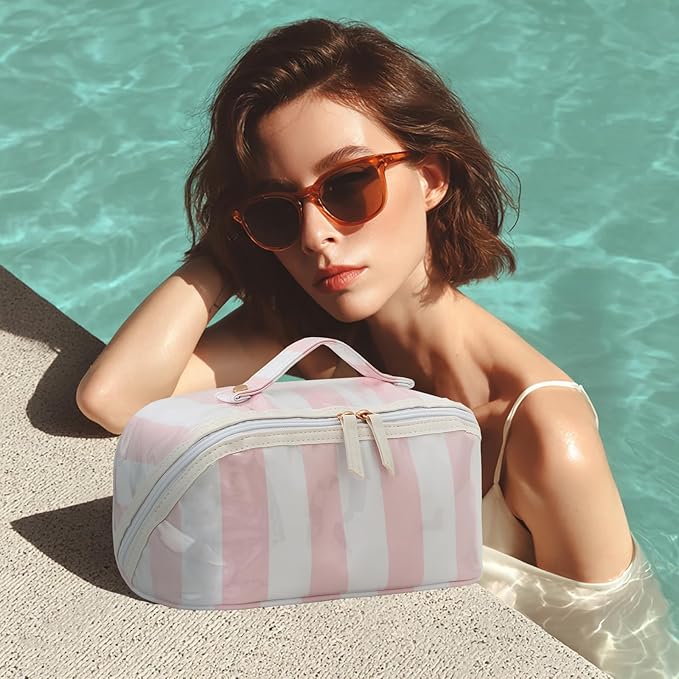 DYSHAYEN Stripe Travel Makeup Bag with Compartments Clear Coated Cosmetic Bag for Women, Waterproof Portable Open Flat Toiletry bag （White-Pink）