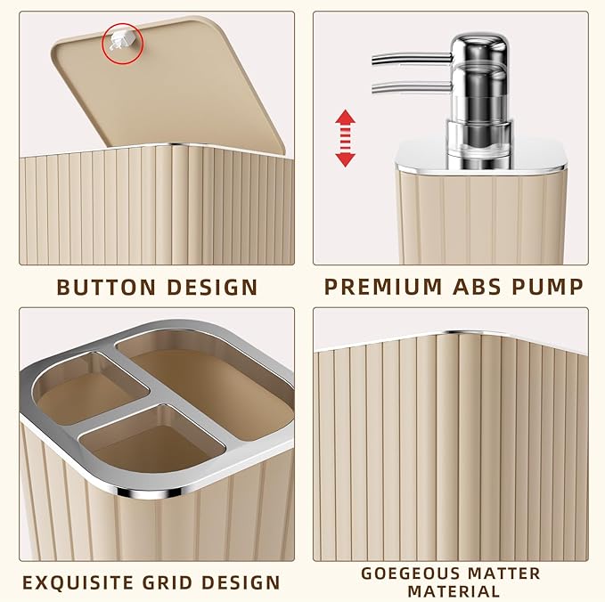 Bathroom Accessories Set - Gorgeous Beige Bathroom Set, 10PC Bathroom Accessory Set, Toilet Brush, Trash Can & Soap Dispenser
