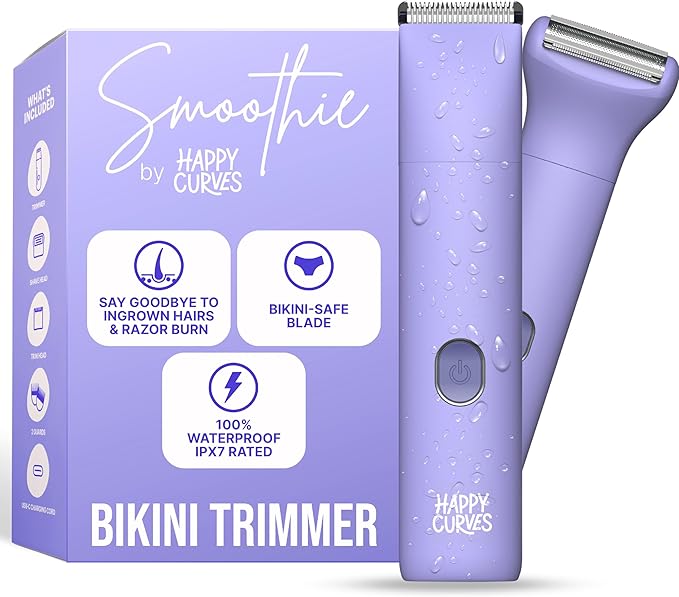 HAPPY CURVES Smoothie Bikini Trimmer - Electric Razor for Women, Waterproof Hair Groomer with Adjustable Guards, Personal Shaver for Pubic Hair, Ladies Intimate Shaver and Body Trimmer (Berry 1.0)