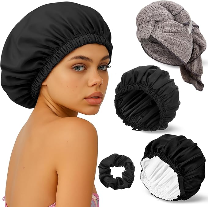4 Pcs Microfiber Drying Hair Wrap Towels Reusable Waterproof Shower Cap with Elastic Band Adjustable Silk Hair Bonnet for Sleeping with Scrunchie for Women Christmas Favor Gifts(Black)