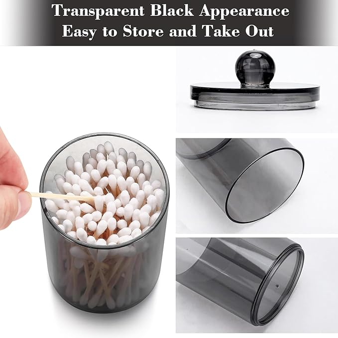 3 Pack Cotton Buds Dispenser, Pad Holder, 10 oz Clear Black Cotton Swab Holder Round Holder, Apothecary Jar Set Bathroom Canister Storage Organization for Ball, Round Pads