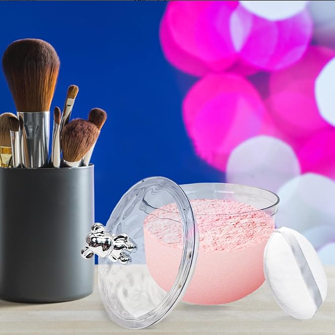 3 Pcs Body Face Plastic Powder Puff and Container Dish with 3.15 inch Fluffy Soft Large Powder Puff for Women(Bear Shape)
