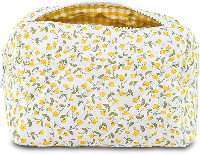 Quilted Makeup Bag Floral Cotton Make up Bag Puffy Coquette Makeup pouch Aesthetic Cute Travel Toiletry Bag for Women Girls