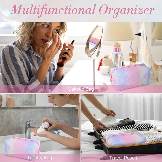 Makeup Bag, Portable Makeup Brush Pouch, Shiny Cool Heart Pattern Makeup Organizer Case for Women, Small
