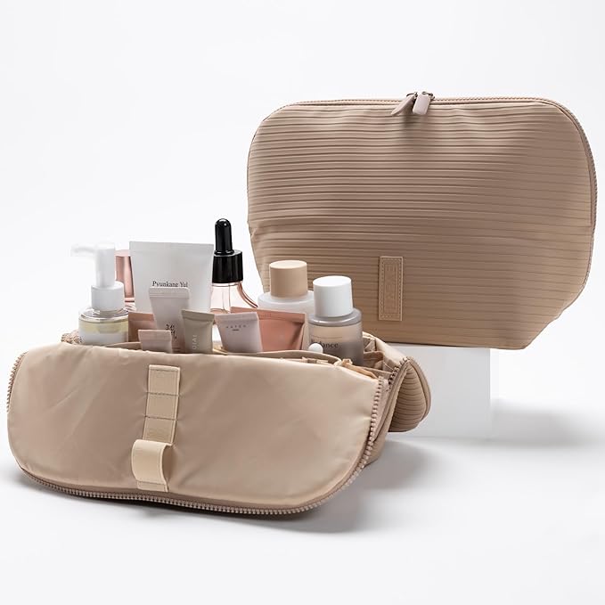 THE VERTI-Vertical Waterproof Makeup & Toiletry Bag | 23-Pocket Organizer with Upright, Fold-Down Design for Skincare, Toiletries & Essentials (Sandstone)