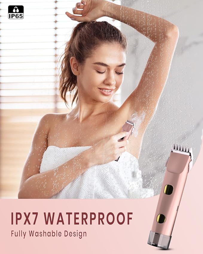 2-in-1 Bikini Trimmer for Women, IPX7 Waterproof Electric Shaver, Body Hair Trimmer & Electric Razor for Face, Lips, Pubic Area, Legs, Rose Pink