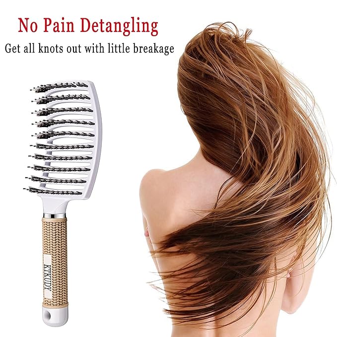 KTKUDY Detangling Hair Brush - Boar Bristle & Tangle-Free Design for Kids, Women, and Men - Perfect for Wet and Dry Hair - Smooth, Magical Pain-Free Styling (White)