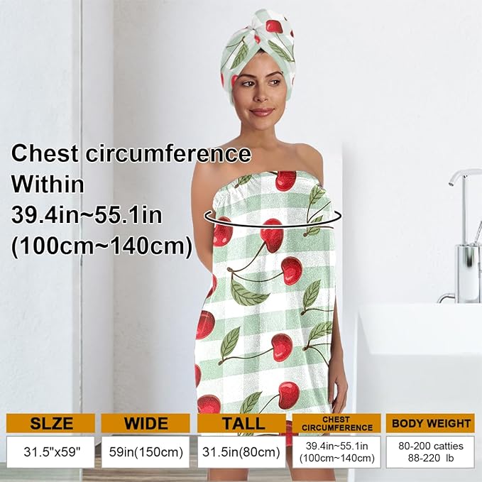 Cherry Print Bath Wrap Skirt and Hair Drying Cap Set – Absorbent Microfiber Shower Spa Towel with Elastic Non-Slip Closure, Quick Dry Lounge Gift (Cherry 5)