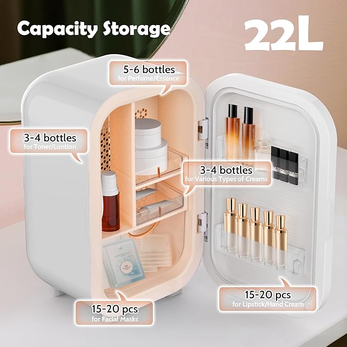 22L Mini Skincare Fridge, Beauty Fridge for Cosmetic Storage, 44°F Intelligent Temperature Control, Personal Small Makeup Refrigerator for Bedroom, Dorm