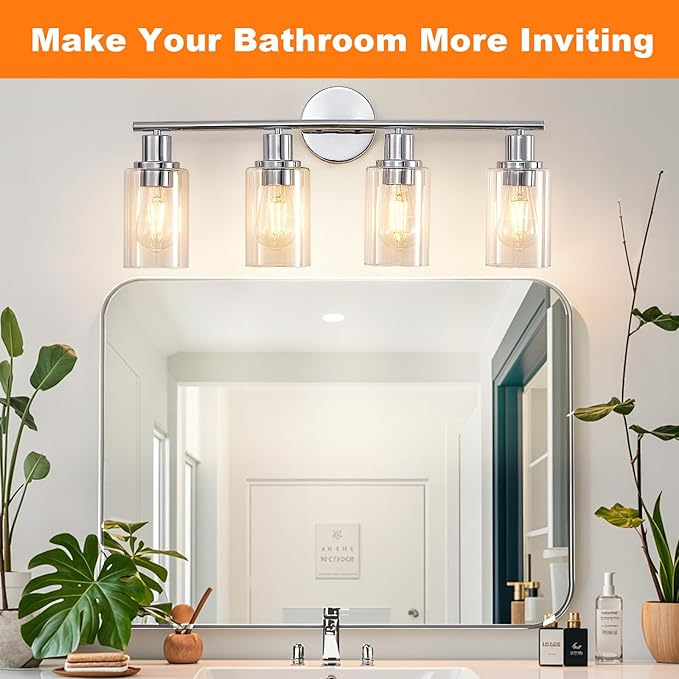 DLLT 4-Light Bathroom Light Fixtures: Chrome Modern Vanity Lights with 4 E26 Bulbs - Clear Glass Shade Bathroom Wall Lamp for Mirror Kitchen Living Room Hallway Cabinet Porch