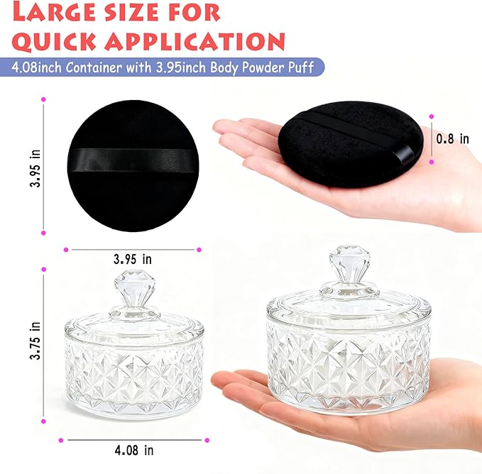 Large Body Powder Puff and Container - 2 Powder Puffs for Women Bath and Face Dusting Powder, Makeup Setting Powder Applicator for Talcum or Loose Powder (Black)