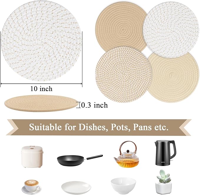 SHACOS 10 Inches Trivets for Hot Dishes, 4 Pieces Cotton Trivets Mats for Kitchen, Hot Pads for Countertops and Table, Heat-Resistant Pot Holders for Hot Pots and Pans(Khaki, 4pcs)
