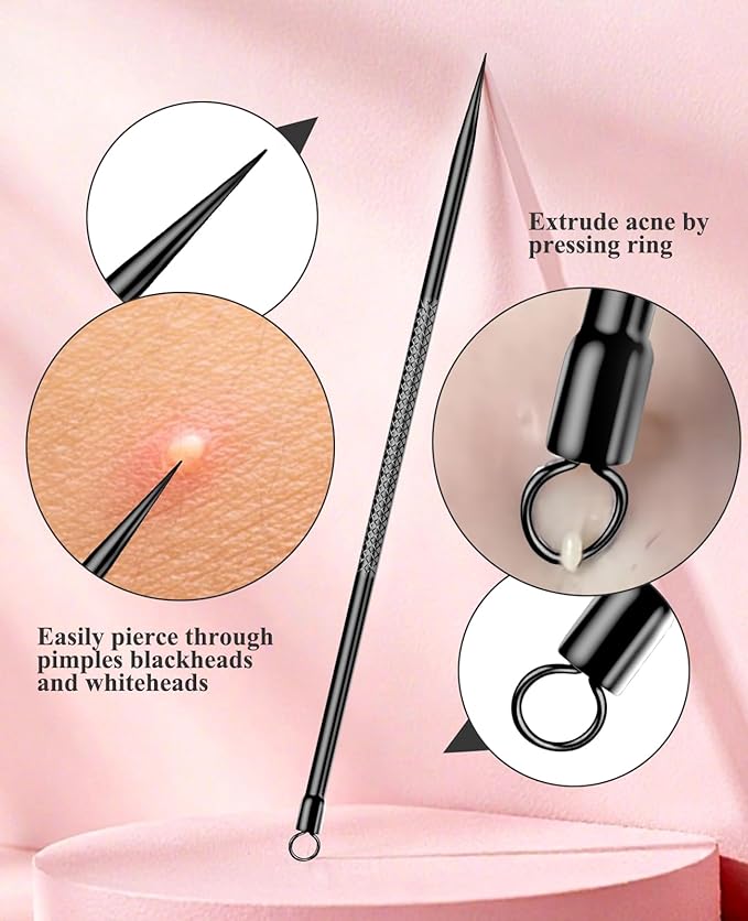3PCS Pimple Extractor Acne Treatment Tool Professional Stainless Blackhead Comedone Removal Popper Tool for Face Nose Blackhead Extractor Tool (Black)