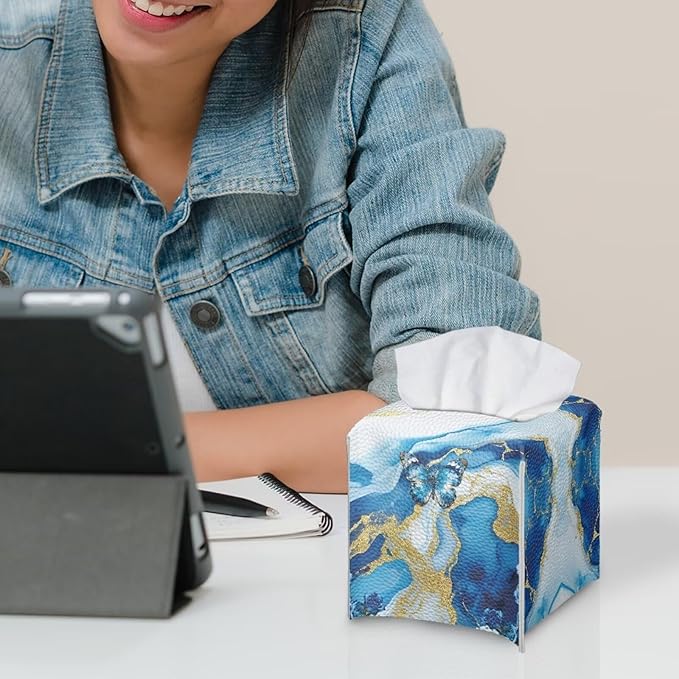 Blue Marble Butterfly Modern Tissue Box Holder, Waterproof Square PU Leather Napkin Case with Metal Button Closure, Decorative Tissue Cover Organizer for Vanity, Desk, Car, and Living Room