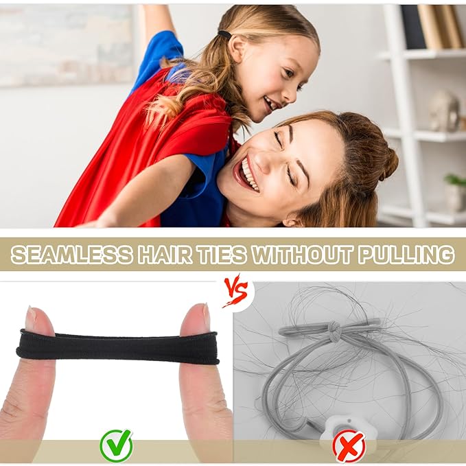 obeoby 100PCS Hair Ties for Thick Hair, Seamless Nylon Elastic Ponytail Holders, Bulk Black Hair Bands & Elastics for Women Girls