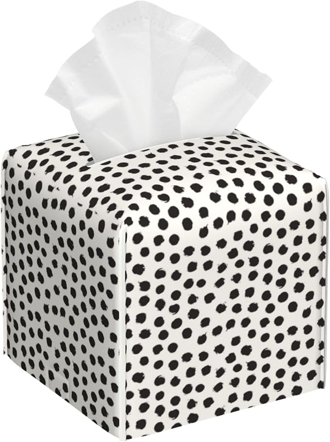 Polka Dot Black Circle Tissue Box Cover Square,Abstract Round Brush Strokes Tissue Box Holder Waterproof Leather Facial Paper Organizer Dispenser for Bathroom Home Car Nightstand Vanity Desk