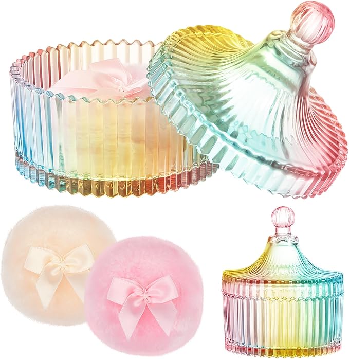 Tioncy 3 Pcs Large Body Powder Puff and Container Valentine's Day gift Powder Container with Puff Crystal Case Soft Washable Reusable Velour Face Body Glitter Wet Dry Makeup(Classic,Colorful)