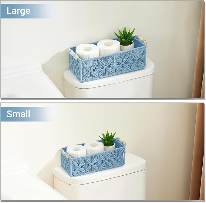Nonam Macrame Storage Baskets, Boho Decor Style Woven Storage Boxes for Home Organization, Toilet Tank Shelf Cabinet Organizer Baskets,Set of 2,Rectangle,Blue