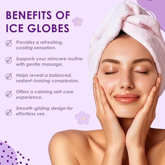 Facial Ice Globes, Cryo Cooling Balls with Anti-Slip Handle for Face, Eyes & Neck, Relaxing Beauty Massage Tool for Soothing and Refreshing Skincare Routine, Glitter Purple
