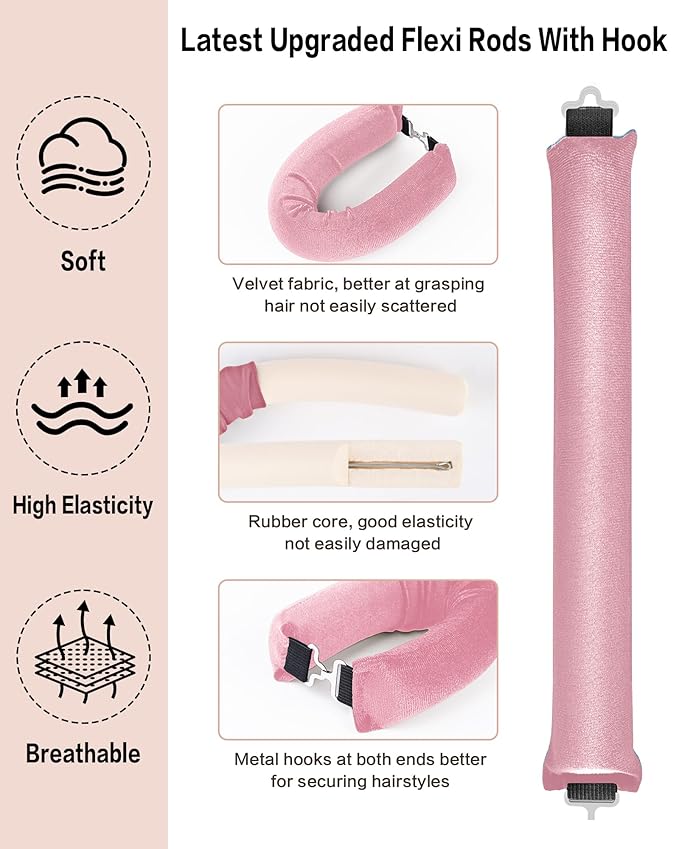 Heatless Curls Overnight with Satin Head Scarf, Velvet Hair Rollers for Blowout Look, No Heat Curling Rod for Long Thick Hair, Soft Sleep In Flexi Rods
