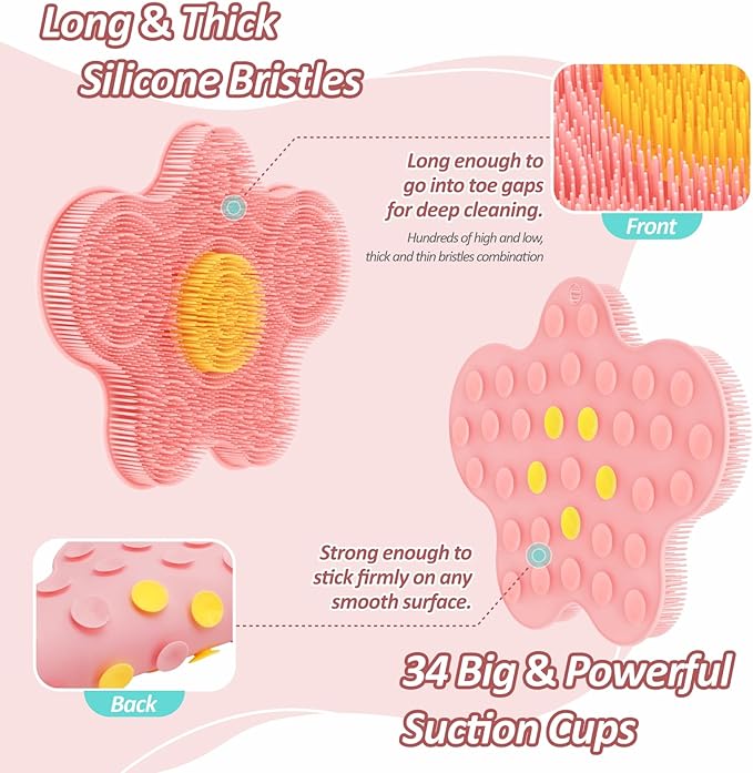 Upgrade Silicone Shower Foot Scrubber Mat & Silicone Bath Brush Set, Large Wall-Mounted Back Scrubber Back Washer to Clean, Exfoliate and Massage Without Bending(Pink+Soft Brush)