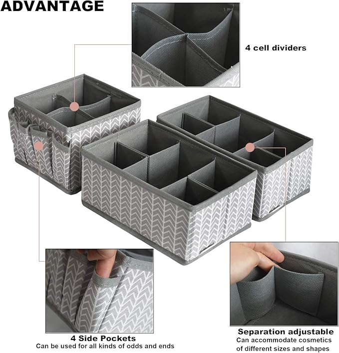 VERONLY Cosmetic Storage Bins Makeup Organizer, Adjustable Multifunction Storage Box Desk Drawer Divider for Makeup Brushes, Bathroom Countertop or Dresser, Set of 3 (Grey)