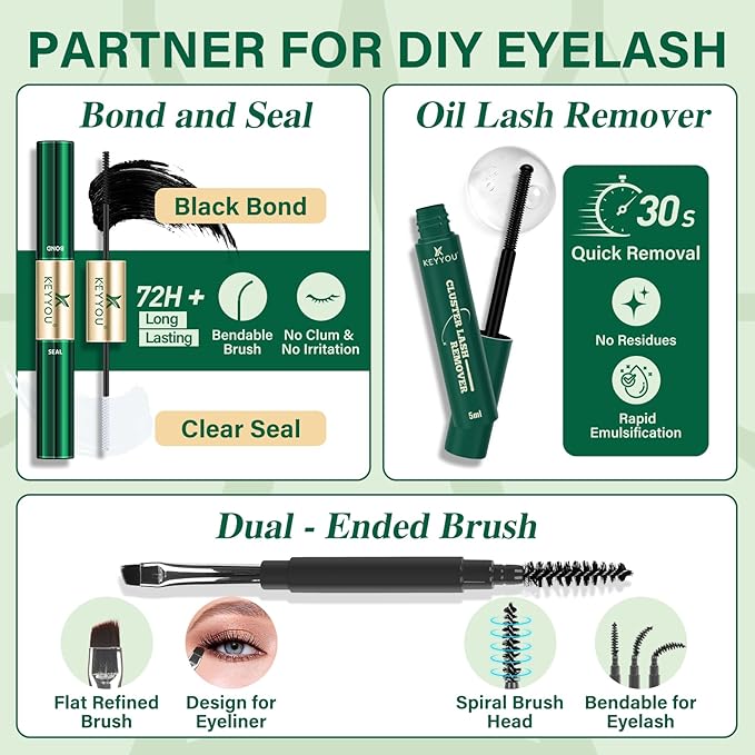 KEYYOU Lash Extension Kit with Bottom Lashes Mixed 5-18mm 80D 100D Eyelash Extension Kit Multi-Type Lash Clusters with Bond and Seal Applicator Remover DIY at Home