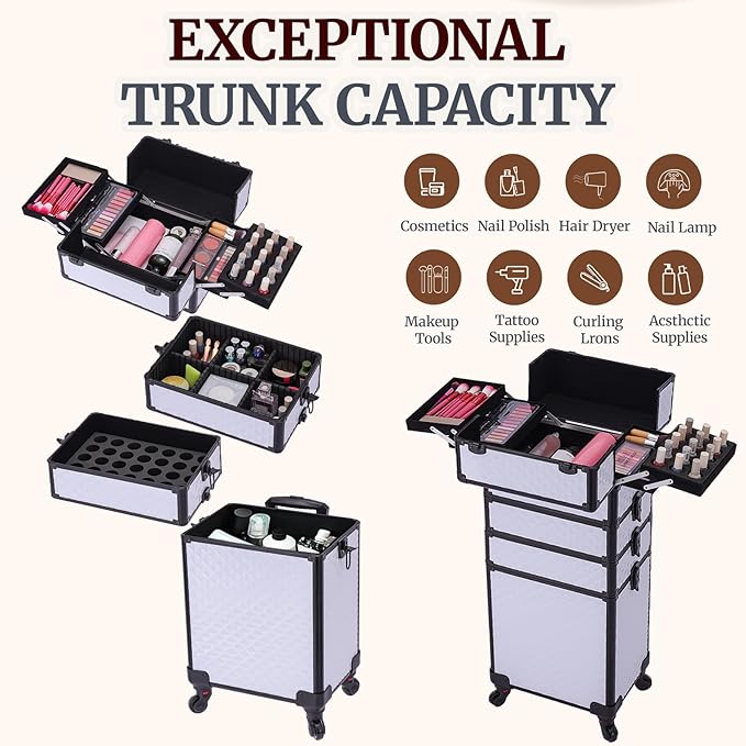 TOPACK Professional 4-In-1 Rolling Makeup Train Case, Large Makeup Travel Case with Key Shoulder Strap/Handle Cushion，Makeup Train Case Organizer，Cosmetology Case on Wheels I White