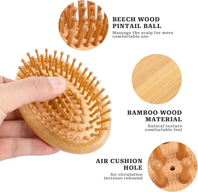 Bamboo Brush for Hair Growth, Natural Wooden Scalp Brush Mini Hair Scalp Massager Bamboo Bristles Detangling Hairbrush for Women, No Handle Design, Anti-Static Round Wood Pins