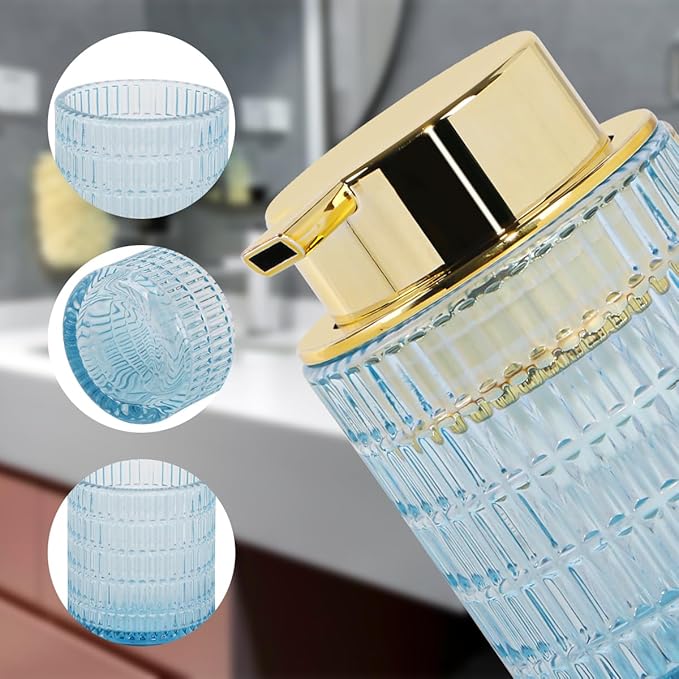Foaming Soap Dispenser, Blue Glass Foam Soap Dispenser for Bathroom and Kitchen, 10 Oz Refillable Foaming Pump Bottle with Large Pump, Ribbed Bottle Container Decor