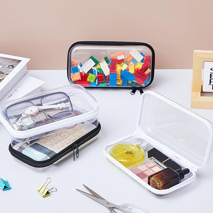 Hoolerry 4 Pcs Hard Clear Zipper Case Makeup Bags Plastic Zipper Pouch Transparent Storage Box Containers for Cosmetics, Snacks, Building Blocks, Puzzles(Clear,7.5 x 3.9 x 2 in,Black and White)