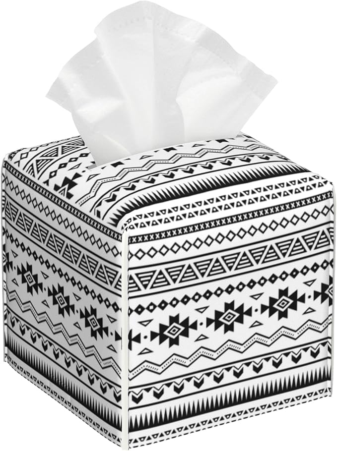 Boho Black White Geometric Tissue Box Cover Square,Abstract Tribal Symbol Tissue Box Holder Waterproof Leather Facial Paper Organizer Dispenser for Bathroom Home Car Nightstand Vanity Desk