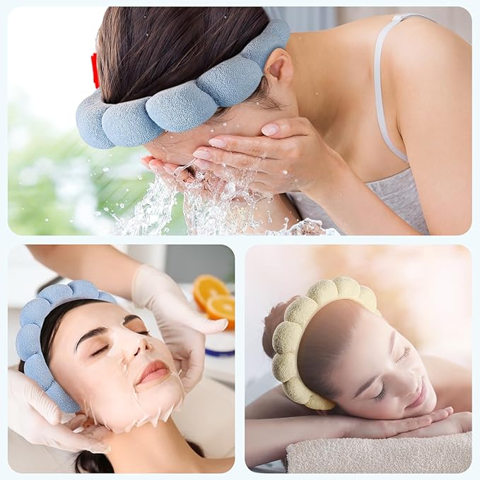Spa Terry Cloth Headband Combo Pack - 2 Puffy Makeup Facial Headbands for Face Washing and Masks (Beige + Blue)