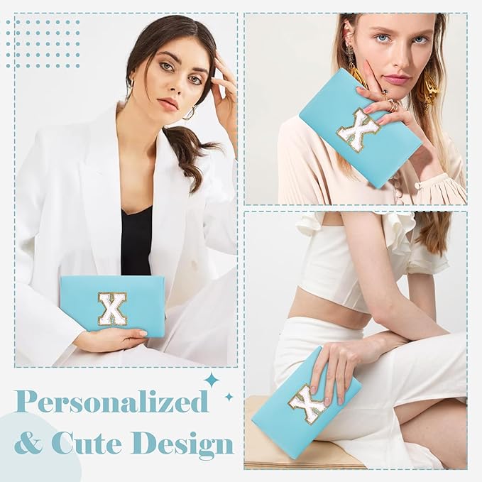 Small Personalized Initial A-Z Preppy Patch Makeup Bag,PU Chenille Letter Travel Cosmetic Pouch with Zipper,Blue Cute Toiletry Bag,Gift Ideal for Teen Girls Women Teacher Bridesmaid,Letter X