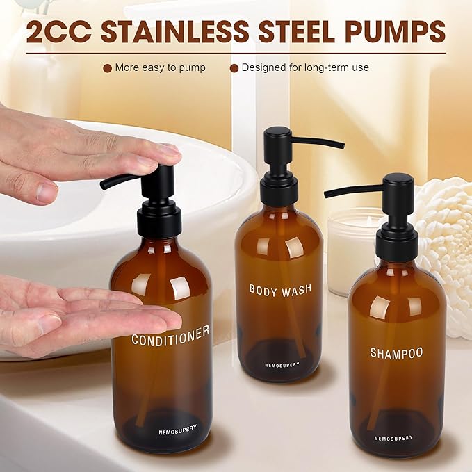 Glass Shampoo and Conditioner Dispenser-Shower Soap Dispenser for Bathroom-16.9 fl oz Set of 3 Refillable Glass Bottles with Pump and Labels-Shampoo Dispenser for Shower(Amber)