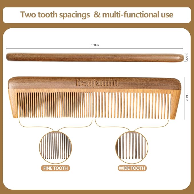 Onedor Wooden Comb, Personalized Custom Fine Tooth Combs for Men's Hair, Beard & Mustache, Anti-Static Sandalwood Comb, 100% Nature Handmade, Customized Gifts for Men - With Leather Case