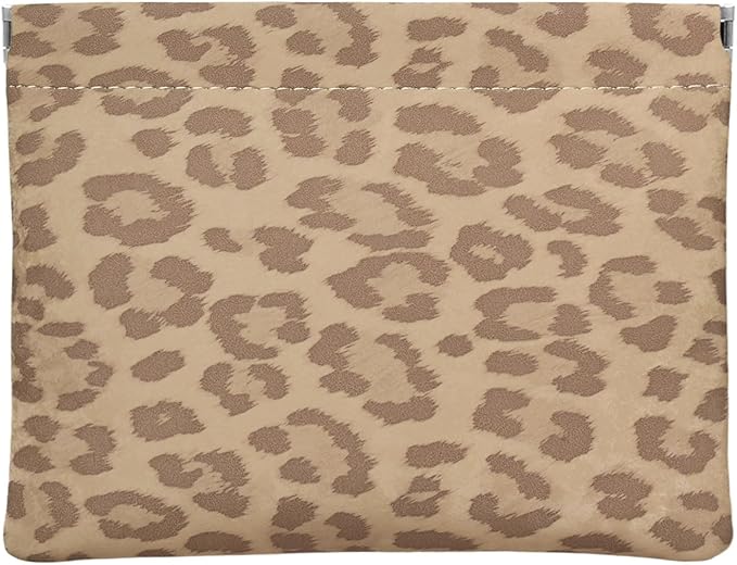 Leopard Leather Small Makeup Pouch for Women,Cosmetic Accessories,Waterproof and Portable Cosmetic Bag,Self-closing, No Zipper, Aesthetic Storage Pouch,Lipstick for Purse,Camel Color