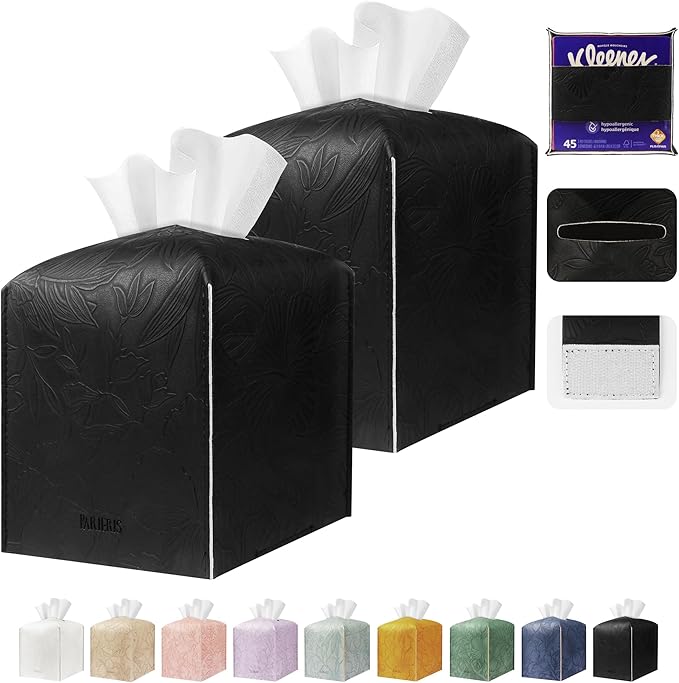 Tissue Box Holder Cover Square Tissue Cube Cover PU Leather Tissue Organizer with Bottom Belt for Bathroom, Tabletop, Kitchen, Night Stands, Office, Home, Car (2, Black)