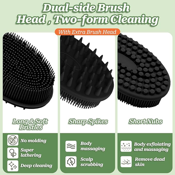 Silicone Back Scrubber, Soft Silicone Loofah with Handle, Gentle Exfoliating Back Scrubber, Back Brush Bath Brush with Two Dual-Side & Detachable Brush Heads(Black-Two Heads)