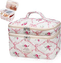 Makeup bag, Large Cosmetic Bag for Women Girls, Cute Quilted Makeup Bags, Floral Coquette Aesthetic Toiletry Bag, Travel Make Up Organizer Bag (Pink)