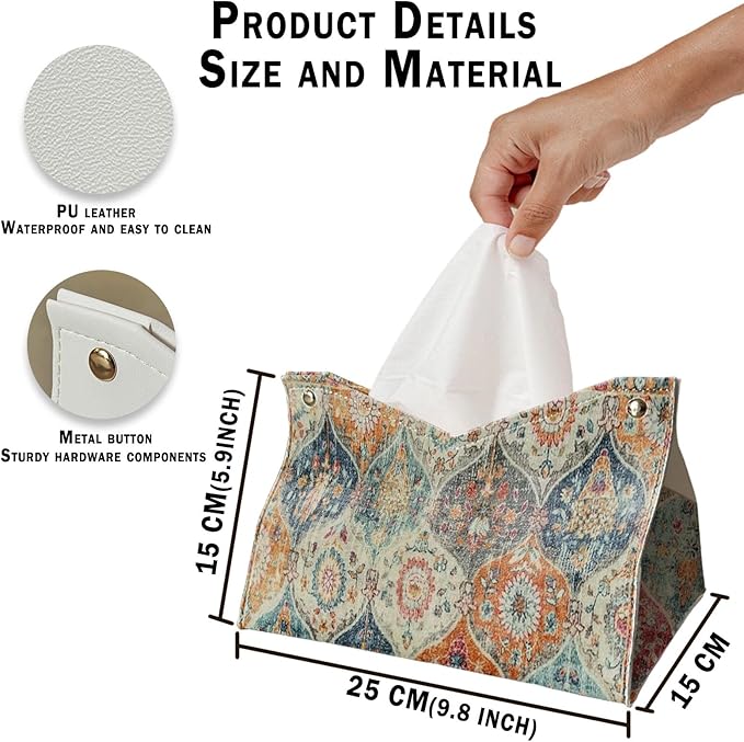 Boho Tissue Box Cover Rectangle, Orange Tissue Box Decorative Vintage Boho Decor Tissue Holder, Farmhouse PU Leather Cottagecore Decor for Bathroom Kitchen Desk 9.8x5.9x5.9