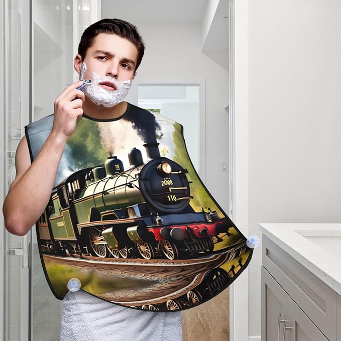 Steam Little Train Print Beard Bib Apron For Men, Beard Hair Catcher For Men Shaving Trimming,Beard Cape Cloth, Black