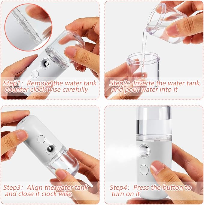 Mudder 4 Pcs Nano Facial Mister Handy Nano Mist Sprayer 30ml Visual Water Tank Portable Face Steamer Mini USB Mister for Lash Extensions, Skin Care, Makeup(White, Light Pink, Blue, Pink)